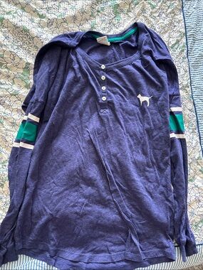 PINK VS Long-Sleeve Henley Top in Navy with Green Stripes